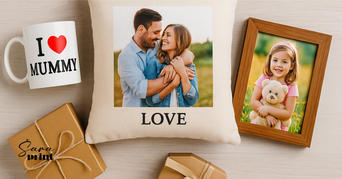 Kako nastaje personalizovani poklon - primer dizajna jastučića, šolje i rama za sliku.