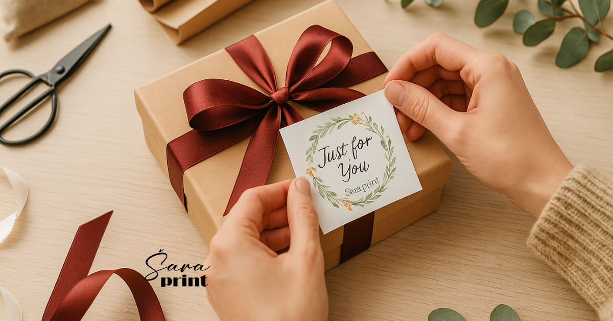 Poklon upakovan sa ukrasnom trakom i etiketom.