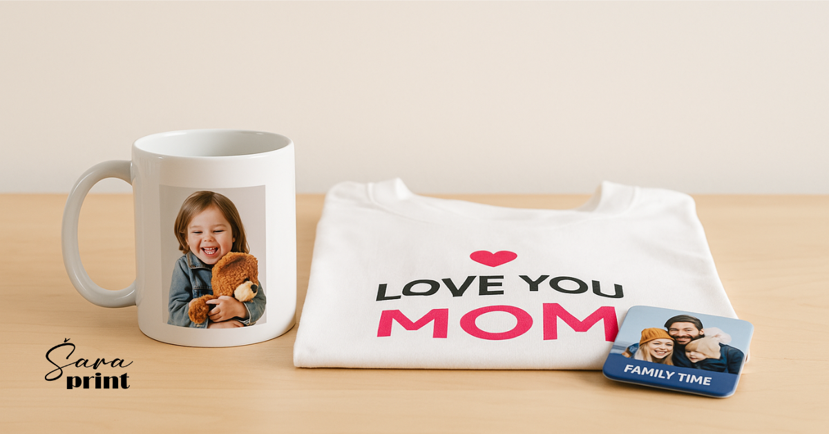 Kako nastaje personalizovani poklon - primer dizajna za šolju, majicu i magnet.